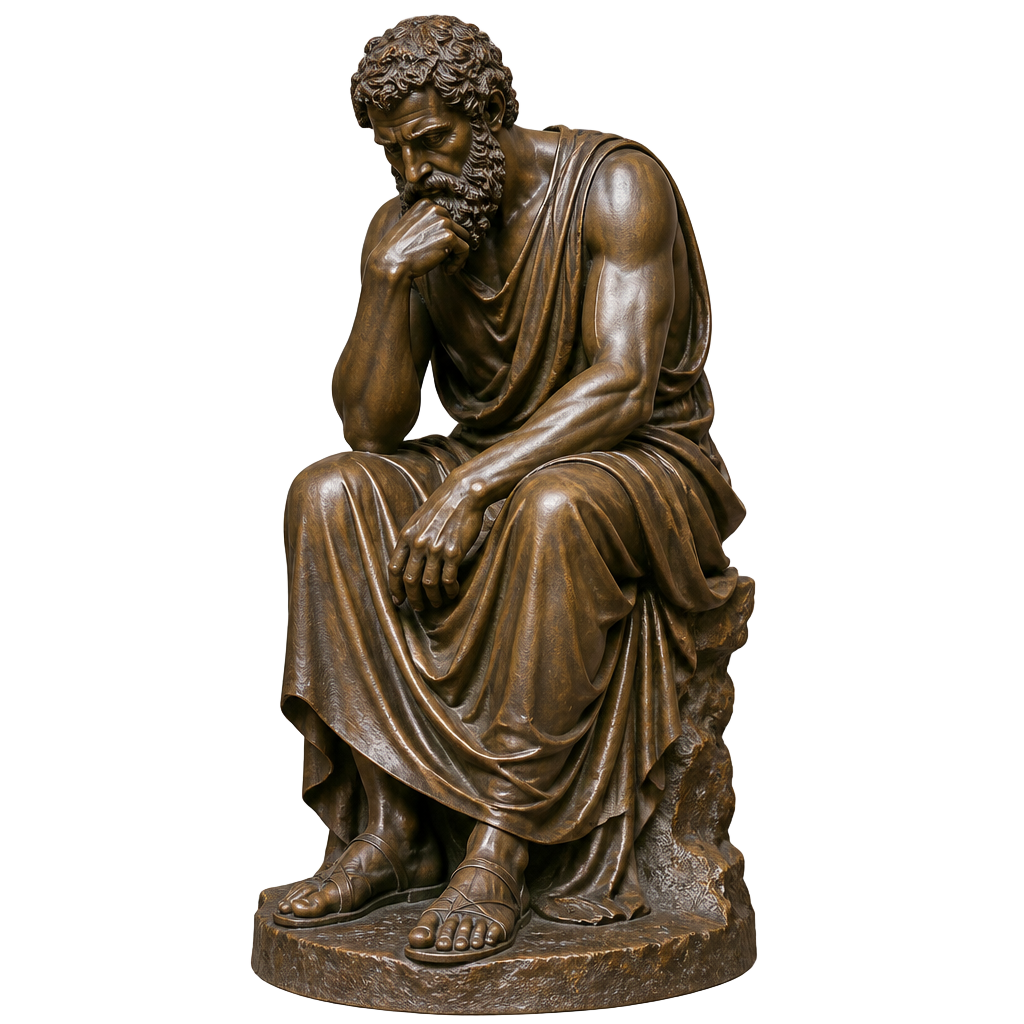 Estátua do Pensador de corpo inteiro e sentada, simbolizando reflexão e sabedoria